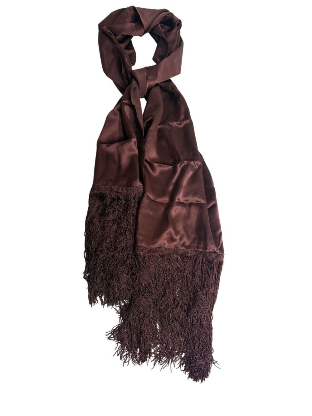 LOUAN Thyra Silk Satin Fringed Scarf in Bitter Chocolate